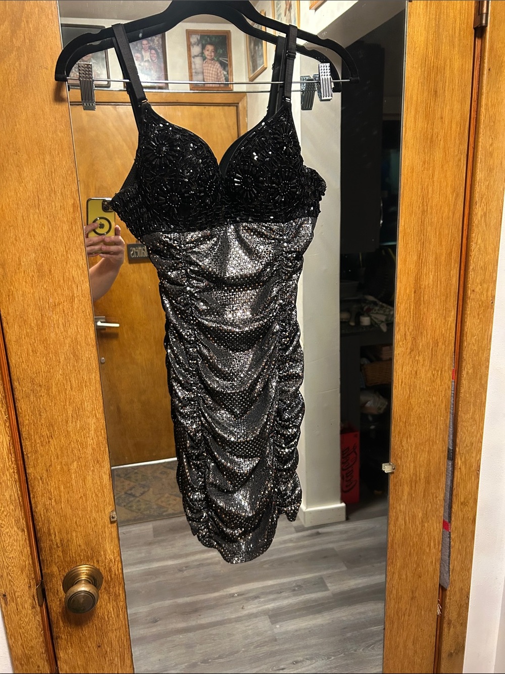 Black Sequin Ruched Mini Dress with Embellished Bodice